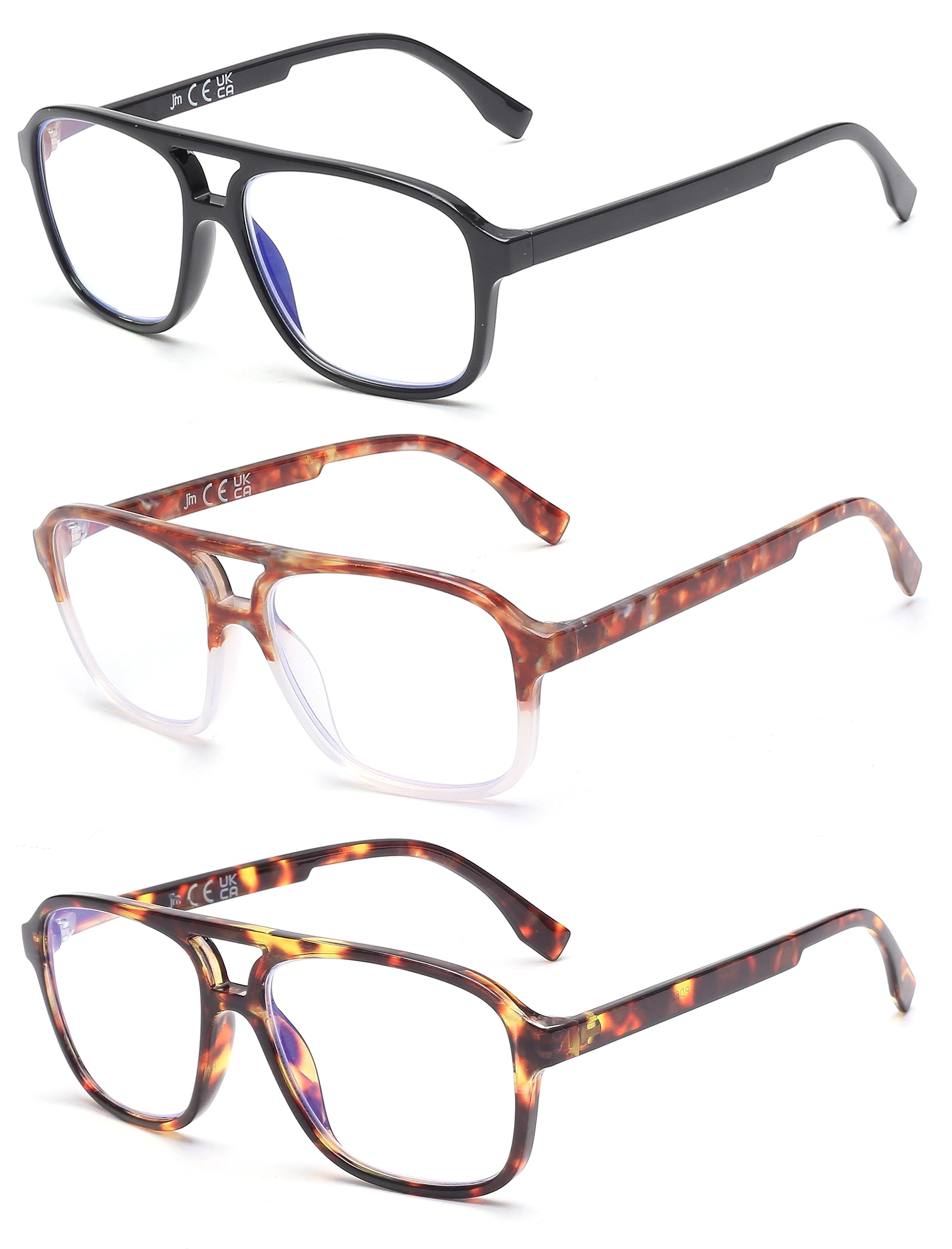 JM 3 Pack Classic Reading Glasses for Women Men, Square Blue Light Blocking Readers +2.5
