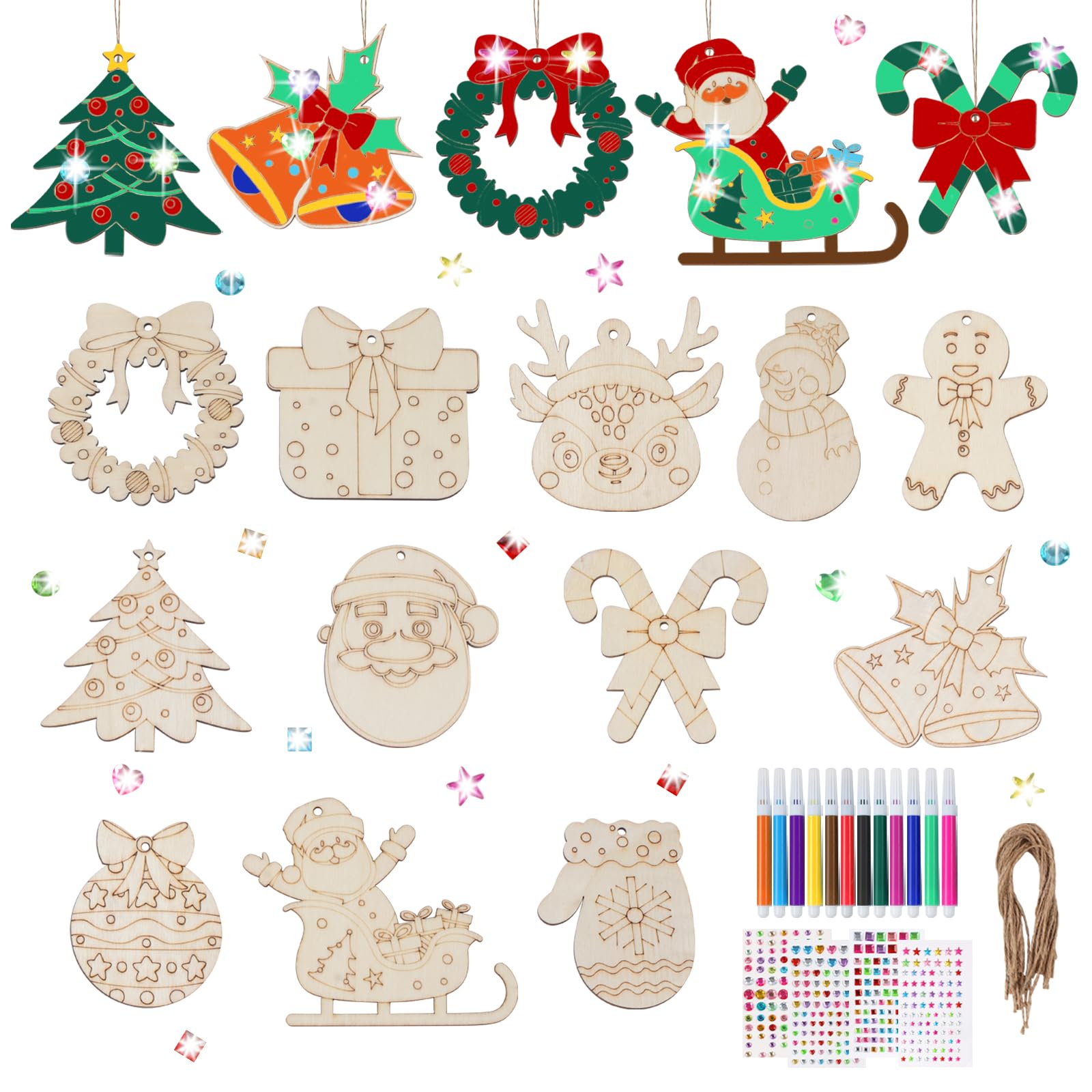 Maxmoc Wooden Christmas Ornaments, 24pcs Unfinished Wooden Baubles Hanging Ornaments with 12pcs Color Pens, 4 Sheets Rhinestone Stickers, Twine, Wood Slice for DIY Crafts Christmas Tree Decoration