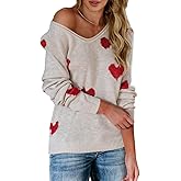 Tutorutor Womens Cute Love Heart Print Sweaters Oversized Off The Shoulder Loose Knitted Valentine Pullover Blouse Top
