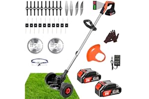 HWLANTU Cordless Weed Wacker Electric Weed Eater with Wheels Battery Powered Lightweight Wheel Edger, Portable Grass Trimmer/Lawn Edger/Mower/Brush Cutter, with 5 Types Blades for Yard and Garden Weeder Tool