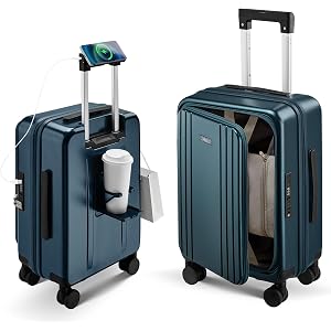 CASELLY Carry On Luggage Top Opening with Cup Holder & Phone Holder, Expandable PC Hard Shell Suitcase with USB Charging Port