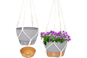 QCQHDU 2 Pack Hanging Planters for Indoor Plants, Outdoor Hanging Baskets, Self Watering Pots with Drainage Holes & Removable Tray (Light Grey, 8 inch, Macrame Plant Hanger)