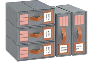 LHZK Sheet Organizers and Storage 5 Pack, Foldable Bed Sheet Organizers and Storage (Queen & King Size), Bed Sheet Organizer with Leather Handle, Window and Label, Grey