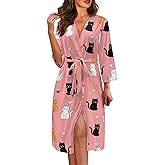 Modysero Robes for Women Knee Length Bathrobe Lightweight Soft V Neck Cute Robe Long Sleeve Womens Loungewear