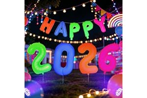 Mega-L Glow in The Dark Party Supplies, Fluorescent 2026 Happy New Year Balloons,Black Light Happy New Year Sign Photo Booth 