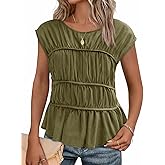 Cicy Bell Womens Cap Sleeve Peplum Tank Tops Summer Babydoll Smocked Cotton Shirts Casual Crew Neck Pleated Blouse