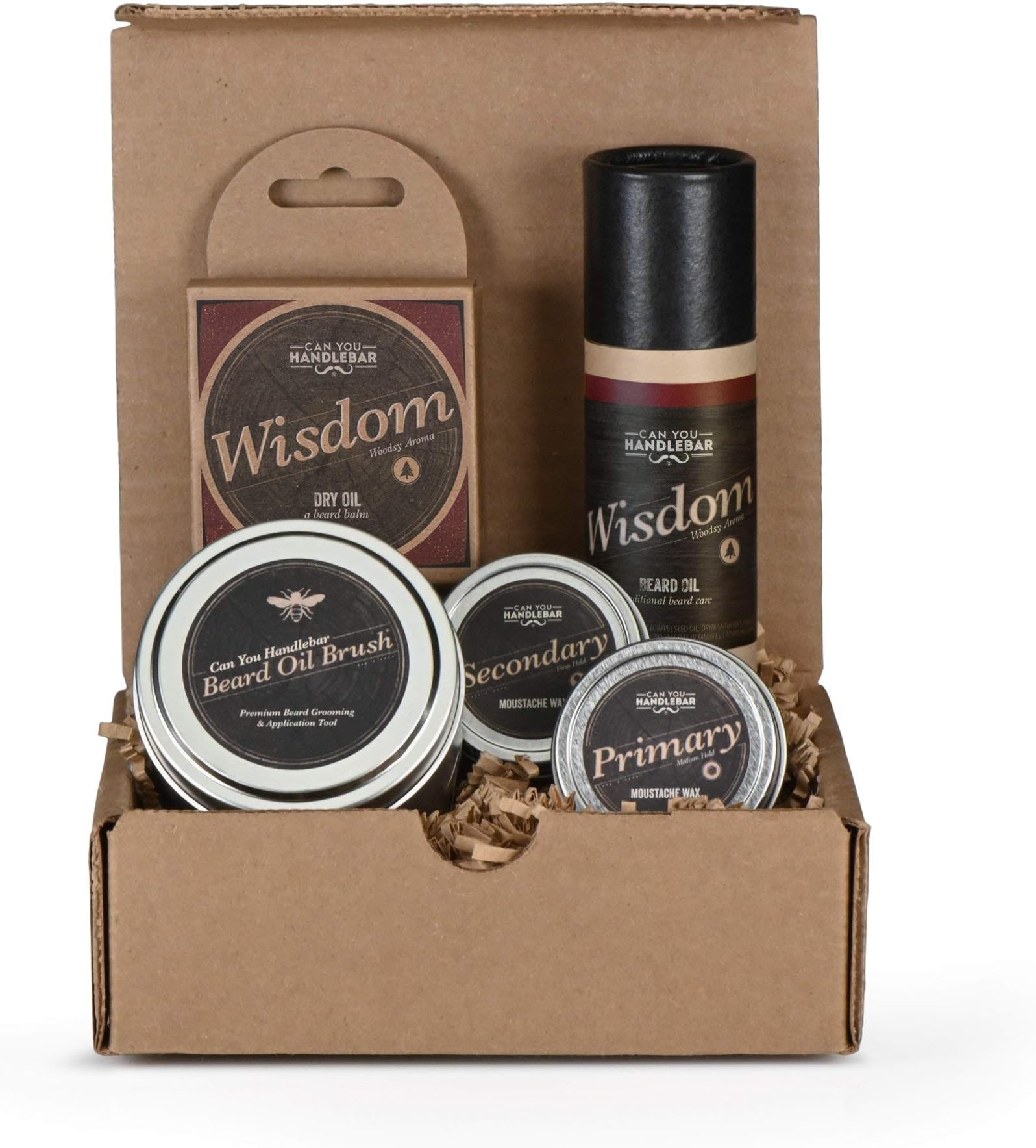 Beard Kit for Men - (Wood and Citrus Scent) - Mens Beard Balm Set with Can You Handlebar Beard Oil Brush®, Wisdom Beard Balm, Beard Oil, Medium & Strong Hold Moustache Wax | Made in The USA