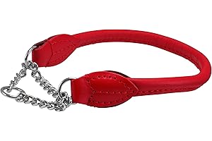 Dogs My Love Rolled Genuine Leather Martingale Dog Collar Choker Red 7 Sizes (#3 - Neck Circumf.10.5"-12.25")