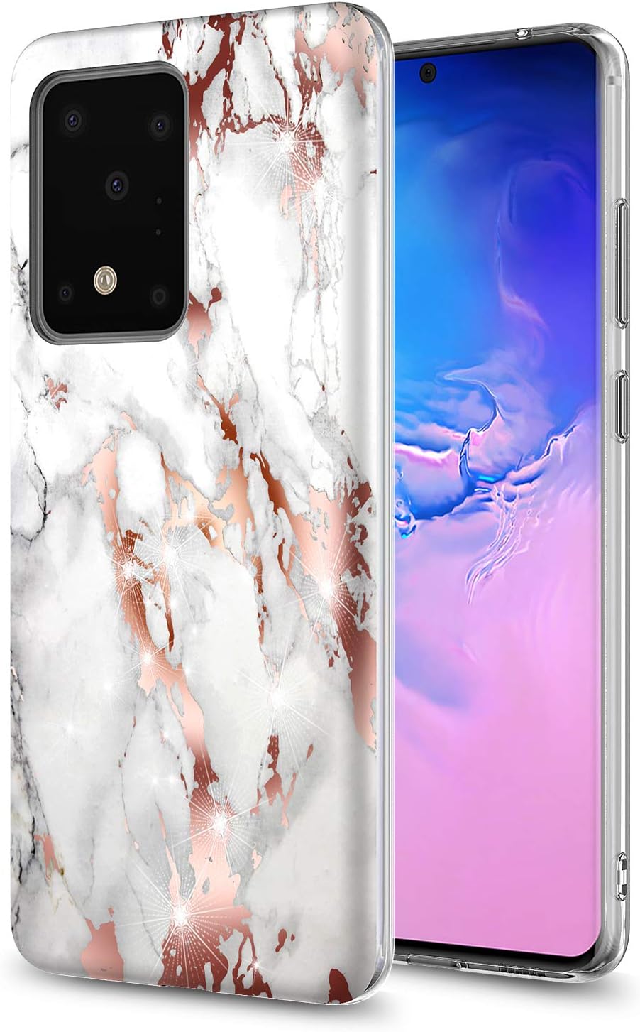 GORGCASE Design for Samsung Galaxy S20 Ultra 5G 6.9" Case, Ultra Slim Anti-Scratch PC TPU Bumper Armor Shockproof Cute Sparkly Bling Shine Girls Women Protective Cover Marble Gold White