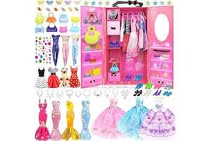 BNUZEIYI 84Pcs Doll Clothes and Accessories with Doll Closet for 11.5 Inch Doll - Fashion Design Set with Wedding Dress Stuff Tops and Pants Outfits Shoes Hangers Bags Toys Gift for Girls