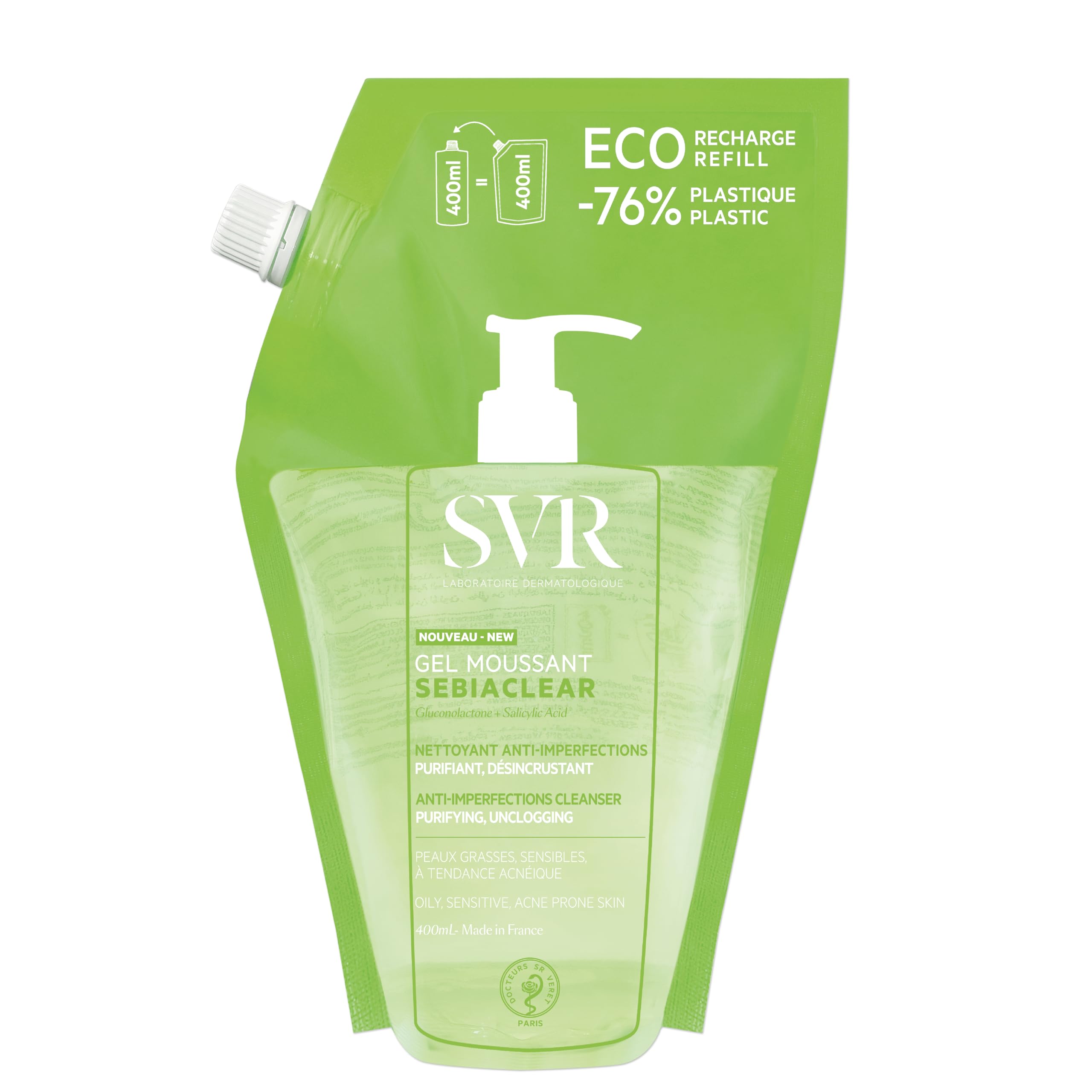 SVR SEBIACLEAR Salicylic Acid Face and Body Wash for Oily, Acne-Prone, and Combination Skin. Purifying, Unclogging Soap-Free Foaming Gel Cleanser - 400ml Refill