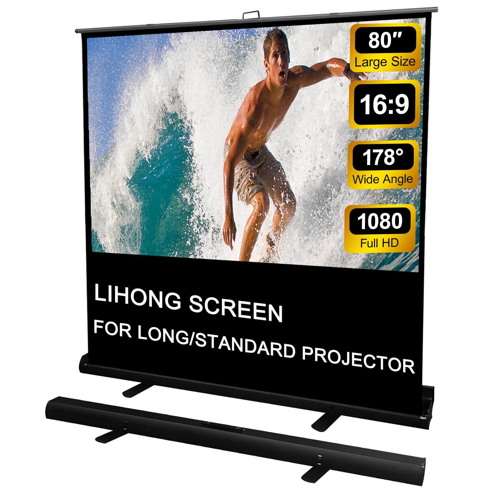 Photo 1 of LIHONG Floor Rising Projector Screen Indoor & Outdoor 16:9 HD Portable Matte White Projection Screen for Long Standard Projector Fast Setup for Movies, Office Presentations & More (80 Inch/16:9)