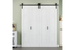ARK DESIGN 72" x 84" 4 Raised Panels Bifold Barn Door, 80" Track Kit for 4 Closet Doors, Pre-Assembled & Pre-Drilled Panel Bi-fold Barn Door, Paintable Primed White Finished Wood