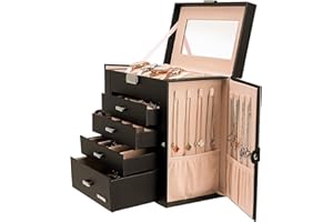 Homde Synthetic Leather Huge Jewelry Box Mirrored Watch Organizer Necklace Ring Earring Storage Lockable Gift Case (Black)