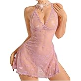 SOLY HUX Women's Sheer Mesh See Through Chemise Nightgown Babydoll Lingerie with Thongs Sleepwear