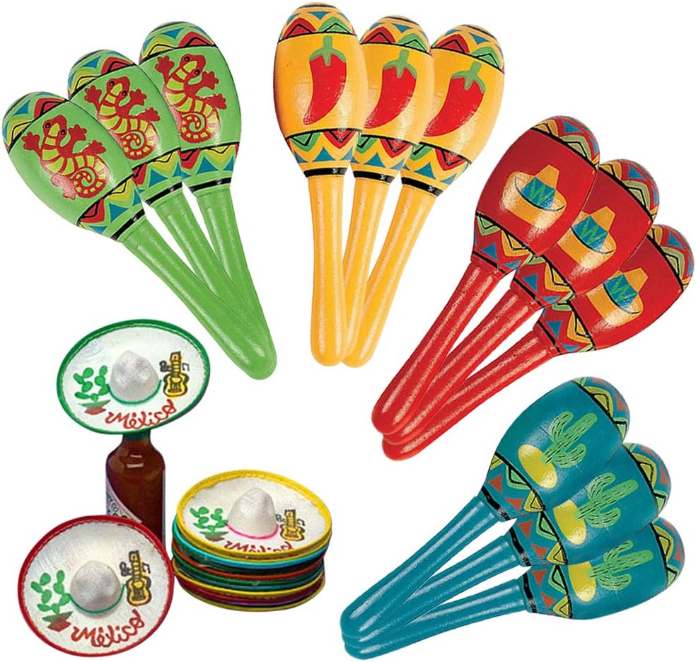 Fiesta Party Supplies-12 Mini Sombreros and 12 Mini Maracas for Fiesta Bunco Party