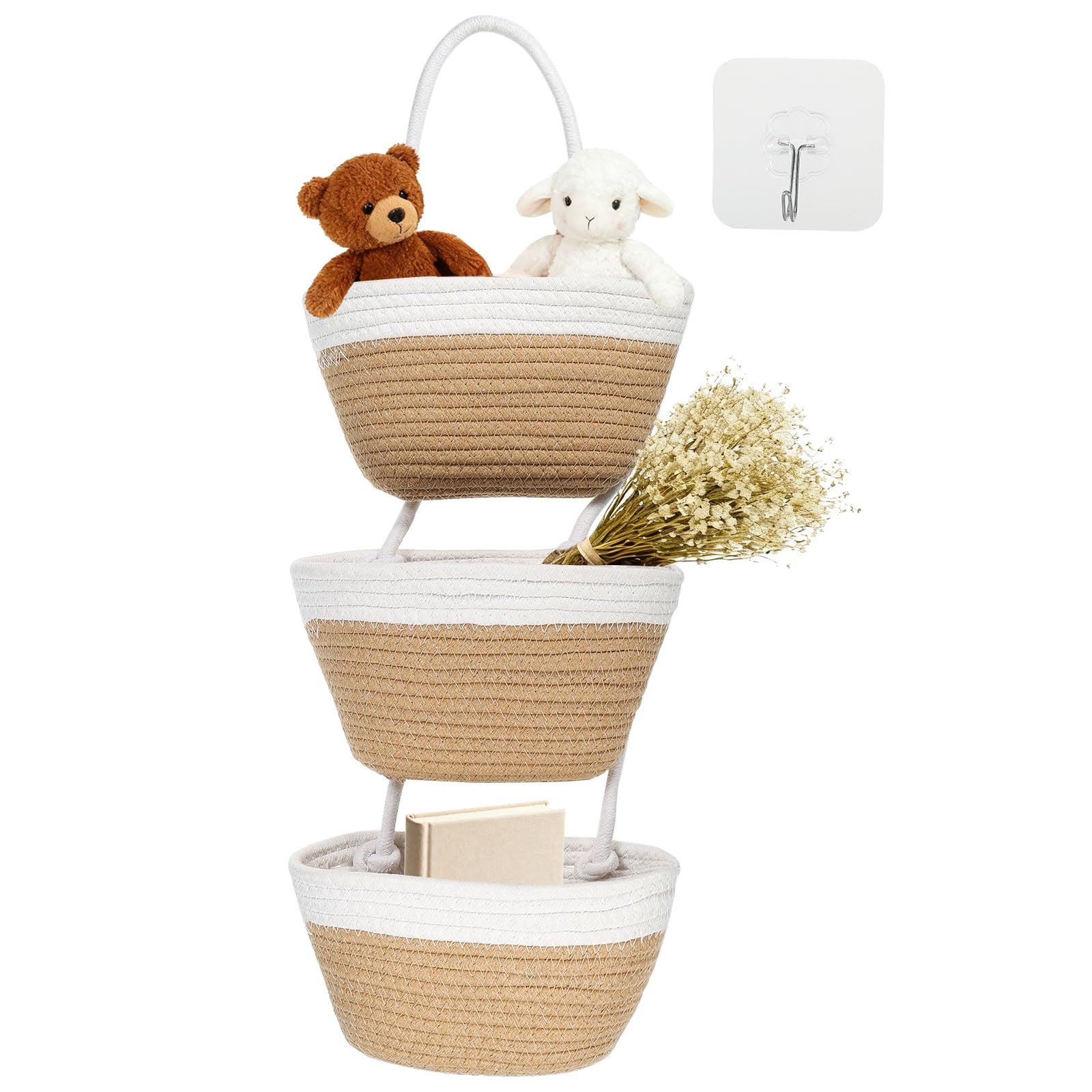 PATIKIL Over the Door Basket, 3 Tier Cotton Rope Woven Hanging Basket Wall Mounted Storage Organizer for Kitchen Bedroom Living Room, Khaki-white