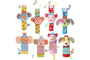 ThinkMax Wrist Foot Rattles for Baby, 8 Pcs Soft Animal Wrist Rattles and Foot Finder Socks - Elephant, Monkey, Piggy and Puppy