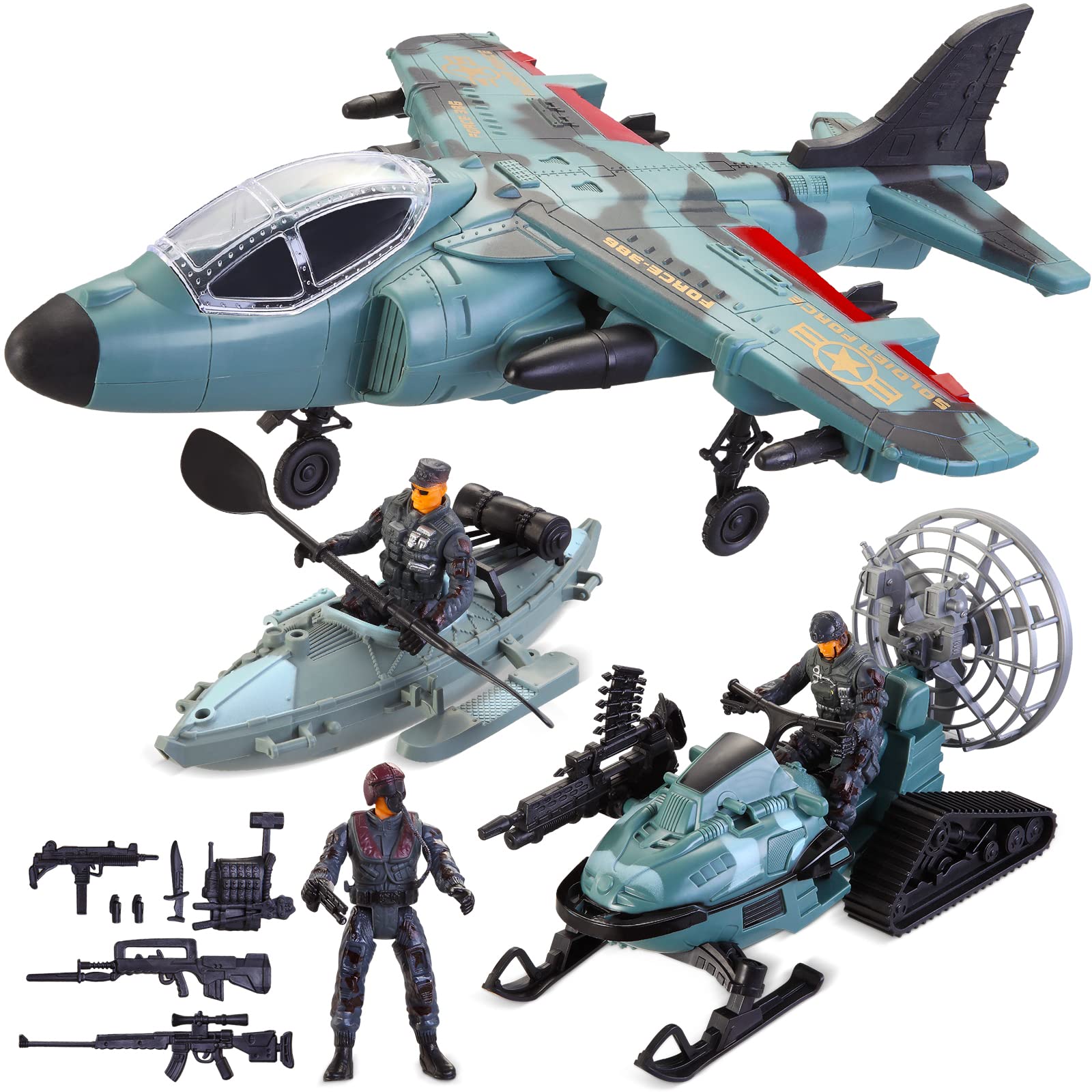 Photo 1 of JOYIN Military Toy Set, Airplane, Pretend Play Fighter Jet with Soliders, Army Men Action Figures, Snowmobile, Kayak Boat, Army Toys for Boys Age 4-7, Kids Birthday Easter