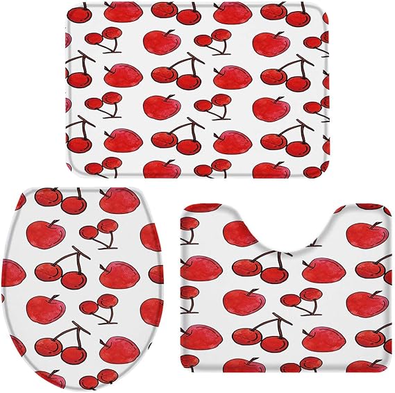 Juego de alfombras de baño 3 piezas Watrcolor Cherry Patternred White
