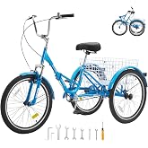 VEVOR Folding Adult Tricycle,Adult Folding Trikes, 3 Wheel Cruiser Bike with Large Basket &amp; Adjustable Seat, Shopping Picnic Foldable Tricycles for Women, Men, Seniors