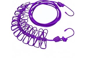 FANBODTA Portable Clothesline with 12 Clips - Extends 12ft, Heavy Duty Stainless Steel Hooks, Windproof for Travel/Camping/Indoor Use, Purple