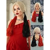 PARK YUN Long Half Red Half Black Double Ponytails Cosplay Wigs 26 Inch Blonde Ombre Wig with Middle Part Hair Tail Dye Wig Synthetic Heat Resistant Wigs for Women Halloween Used.