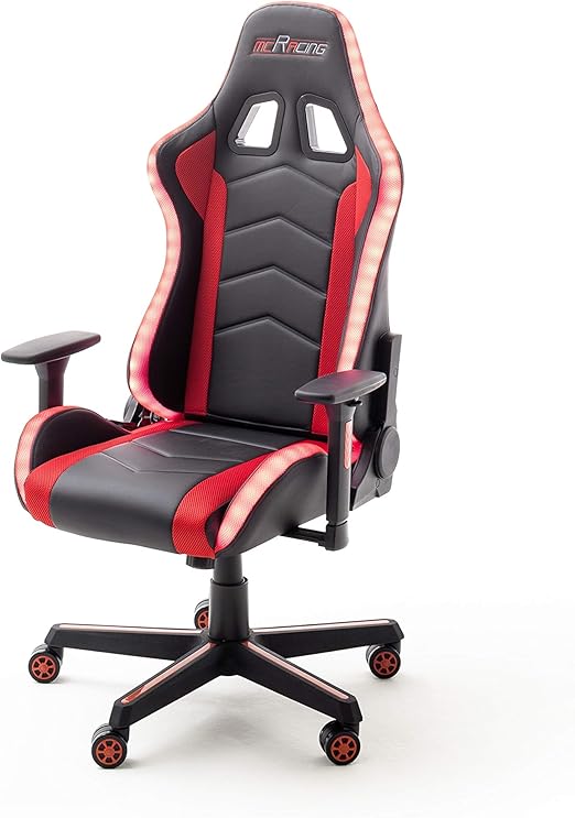 MC Racing Gaming Stuhl Schwarz Rot höhenverstellbar mit Wippfunktion Gaming Chair mit LED