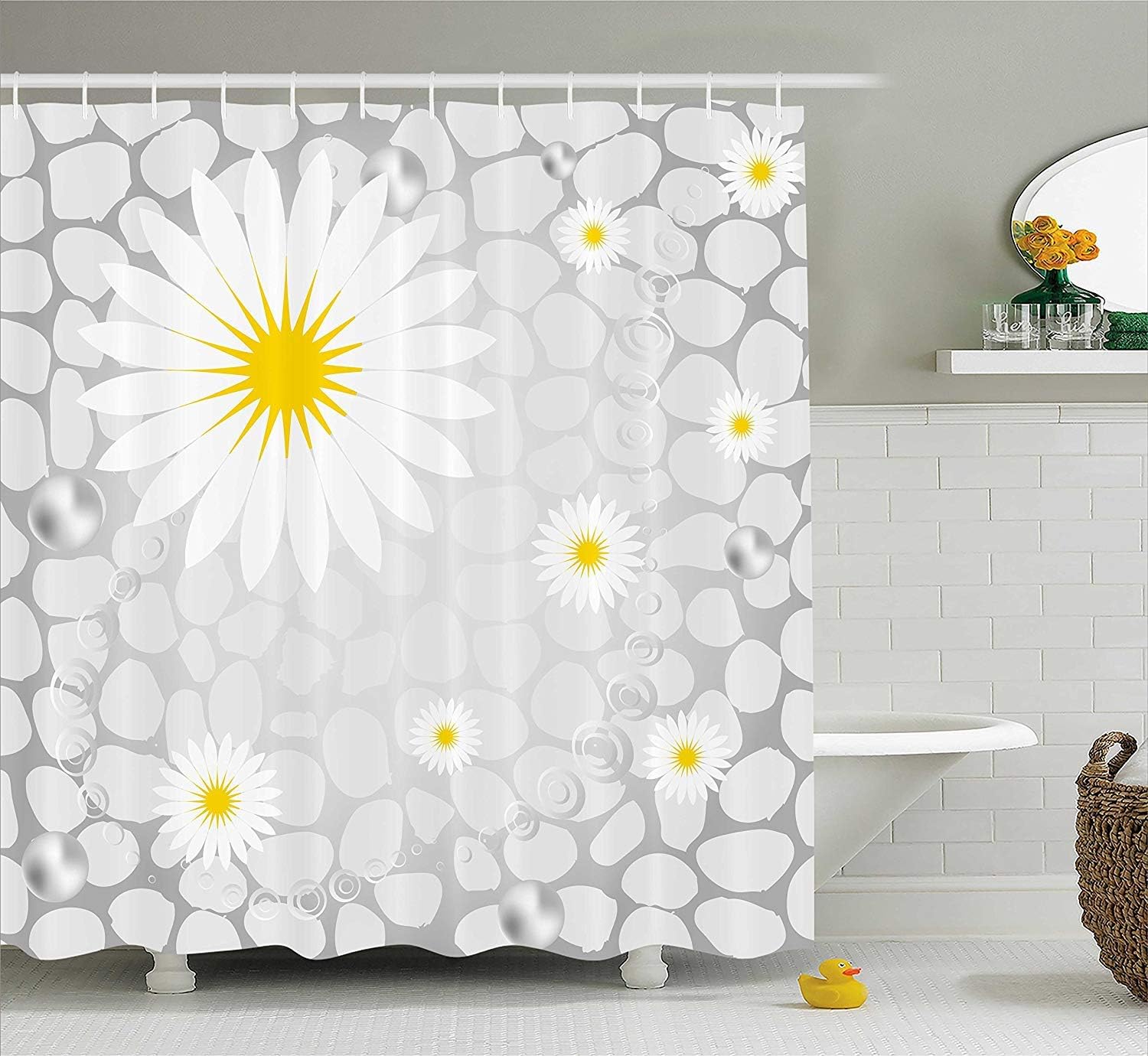 Nyngei Grey and Yellow Shower Curtain Hawaiian Island Flowers on Abstract Animal Print Theme Backdrop Fabric Bathroom Decor Set with Hooks 180CM Extra Long Grey White