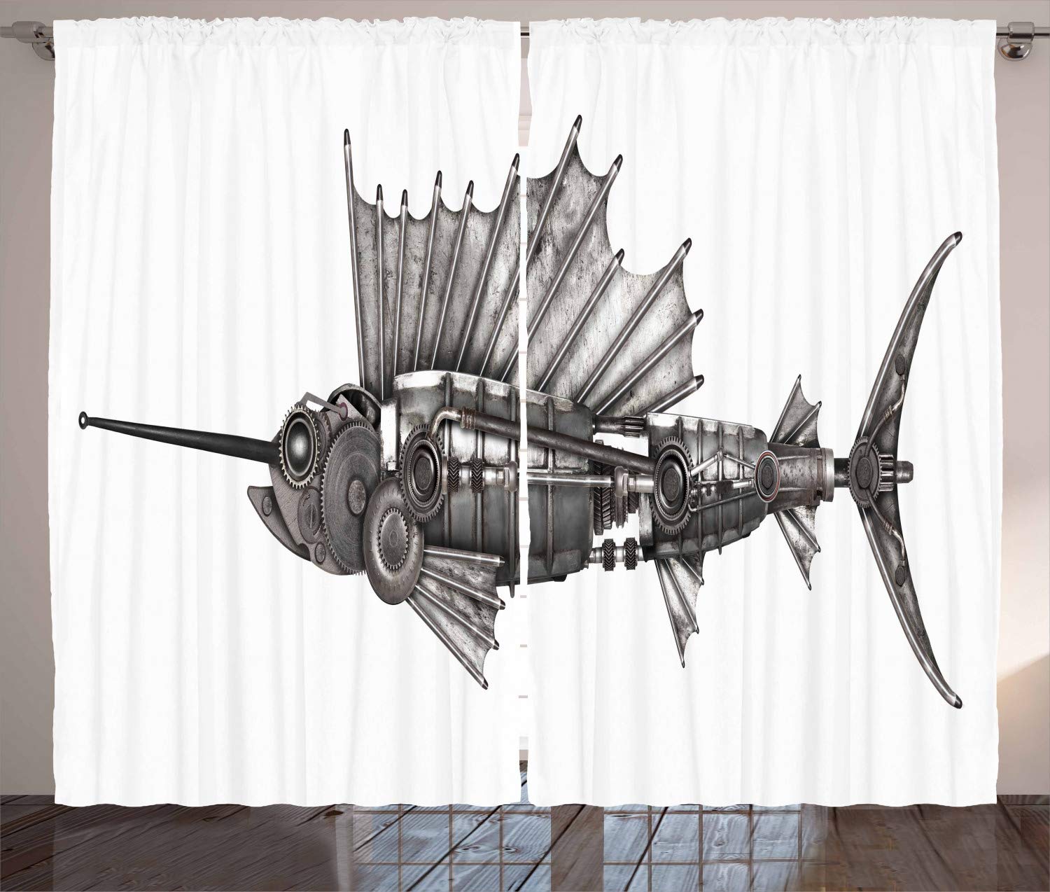 ABAKUHAUS Steampunk Curtains, Mechanical Animal Photo of Steampunk Style Sailfish Designed with Wheels, Living Room Bedroom Window Drapes 2 Panel Set, 280 x 175 cm, White Taupe — image 1
