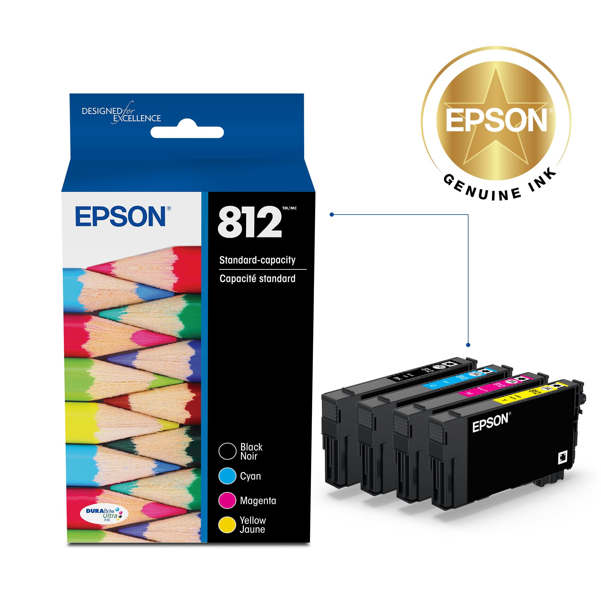 EPSON 812 DURABrite Ultra Ink Standard Capacity Black & Color Cartridge Combo Pack (T812120-BCS) Works with WorkForce Pro WF-7310, WF-7820, WF-7840, WorkForce EC-C7000