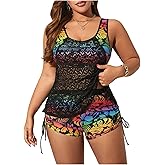 BEAUDRM Women's Plus Size Tankini Swimsuits 2 Piece Floral Tropical Swimwear Hollow Out Bathing Suits Lace Beach Swimsuit