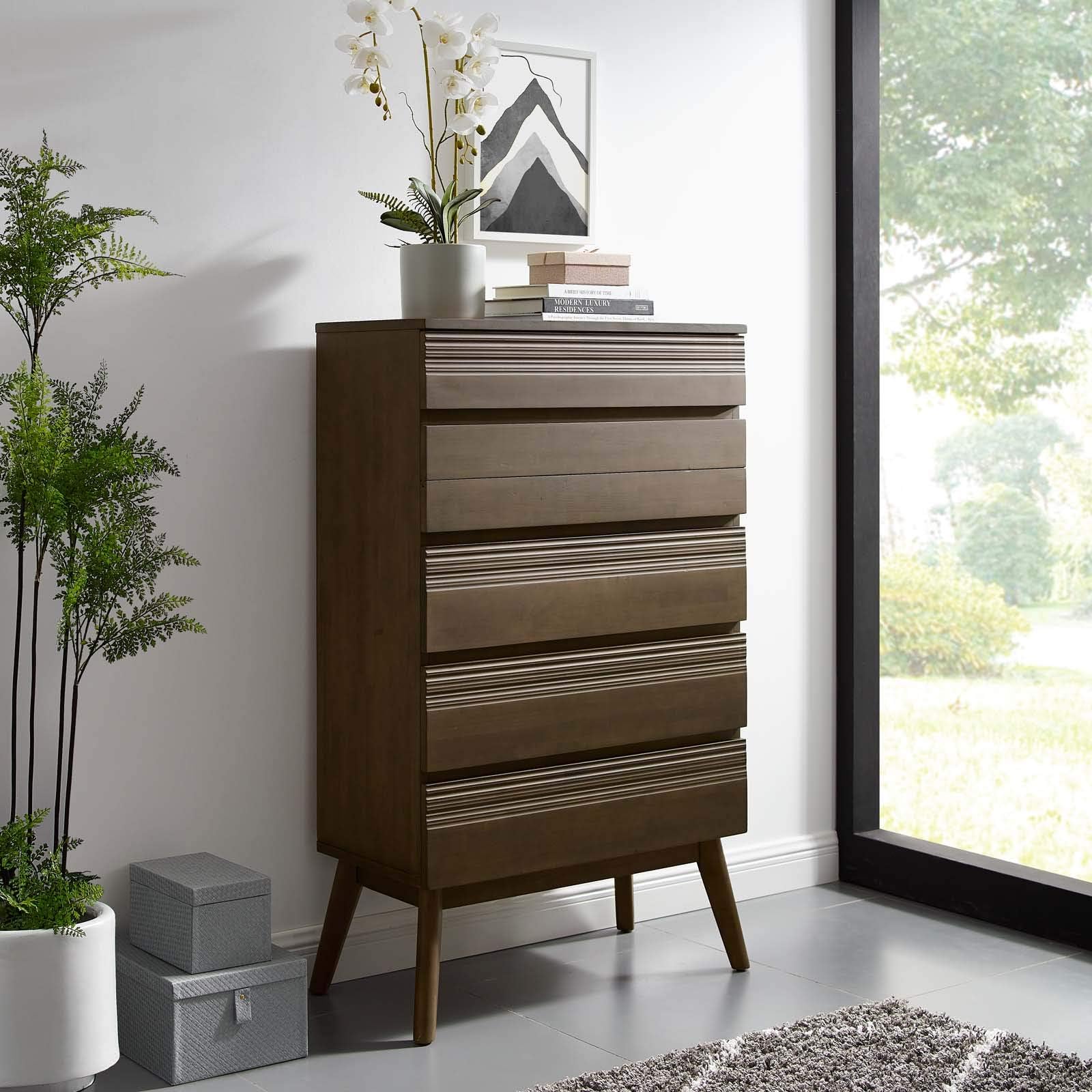 Modway Everly Rustic Modern Wood 5-Drawer Bedroom Chest In Walnut
