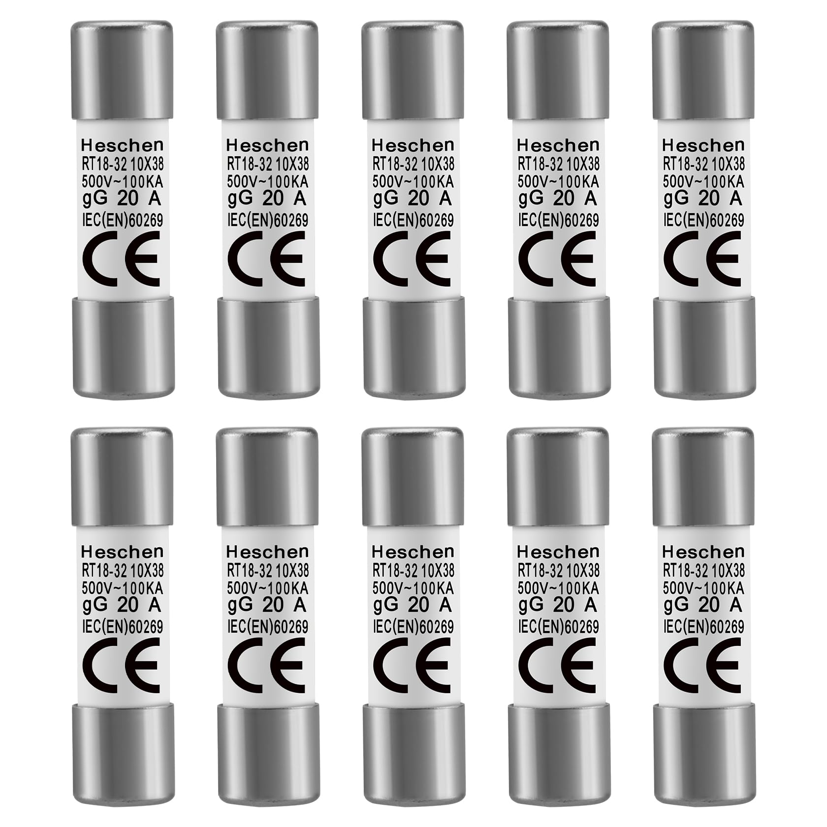 Heschen Cylindrical Ceramic Tube Fuse Link RT18-32 (RO15) 10 * 38 mm 20A 500V CE Pack of 10