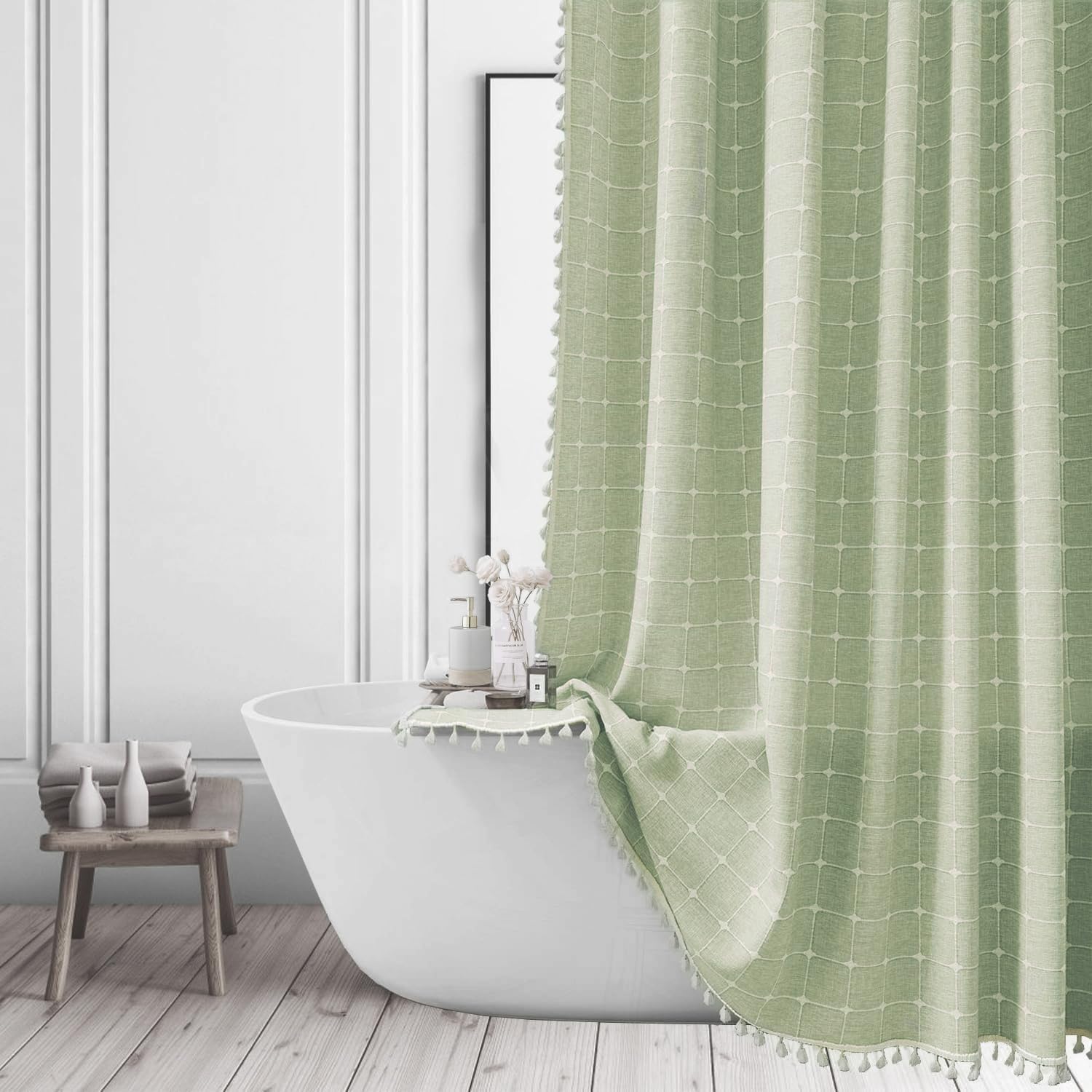 ggaimwf Sage Green Shower Curtain Farmhouse Bohemian Modern Linen Fabric Shower Curtains for Bathroom French Country Heavy Duty Bathroom Curtain Set with Tassel 60x72 Inch