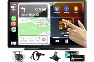 CRROPDA Portable Apple Carplay Screen for Car,9 Inch Wireless Car Stereo with Apple Carplay & Android Auto,with 1080p Backup Camera,GPS Navigation,Bluetooth,Screen for All Vehicles