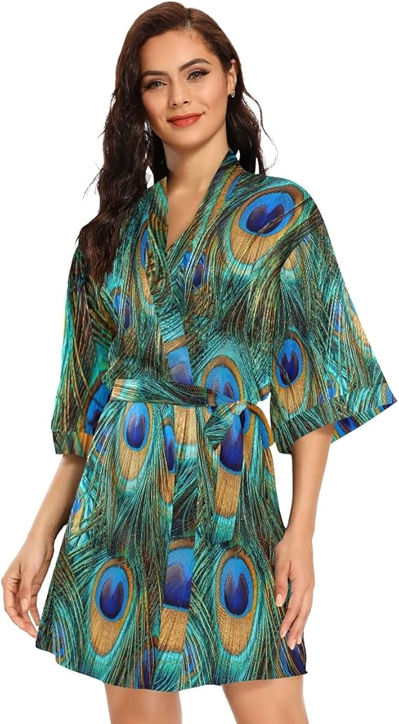 Colorful Peacock Feathers Kimono Bathrobe Women's Satin Robe for