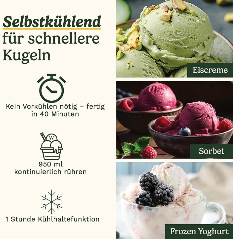 FreezeEase – Selbstkühlende Eismaschine | 3 Voreinstellungen | Eiscreme, Sorbet, Frozen Yoghurt | Kein Vorkühlen nötig | Fertig in 40 Minuten | Kühlhaltefunktion