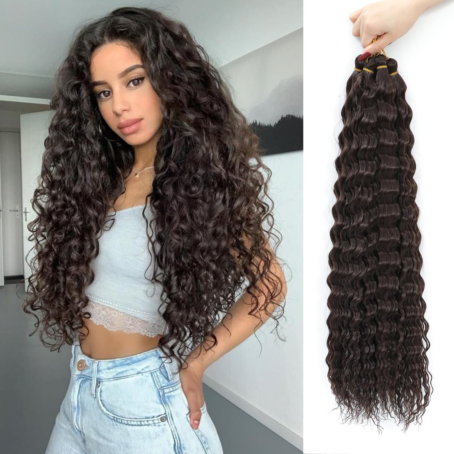 AMLUCKS 3Pcs Deep Wave Crochet Hair Ocean Wavy Braiding for Black Women Girls Synthetic Water Culy Wave Crochet Hair Extensions for Boho Braids (4#, 22inch-3)