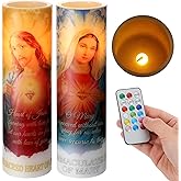 Landhoow 2 Pcs Jesus Candles Religious Flameless LED Prayer Candle Real Wax Baptism Candle Set Immaculate Heart of Mary and Sacred Heart of Jesus Battery Operated with Remote Control