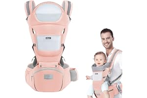 Huifen Multi-Functional 9 in 1 Baby Carrier - Newborn to Toddler, 7-45 lbs, Hip Seat, Ergonomic Sling, Hands Free Backpack, All Seasons (Pink)