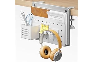 PEGZONE Desk Side Storage Organizer, No Drill Under Desk Laptop Holder, Clamp on Desks Shelf with Pegboard Accessories, Hanging Laptop Mount, Fits Flat Edge 0.4" to 2.2", White