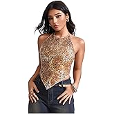 Floerns Women's Y2k Halter Tops Shiny Sequin Hanky Hem Club Going Out Cami Top