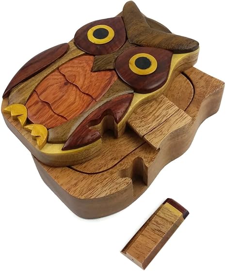 Búho, todos naturales maderas exóticas caja de Puzzle, 5,25 x 3,25 x 2,25 