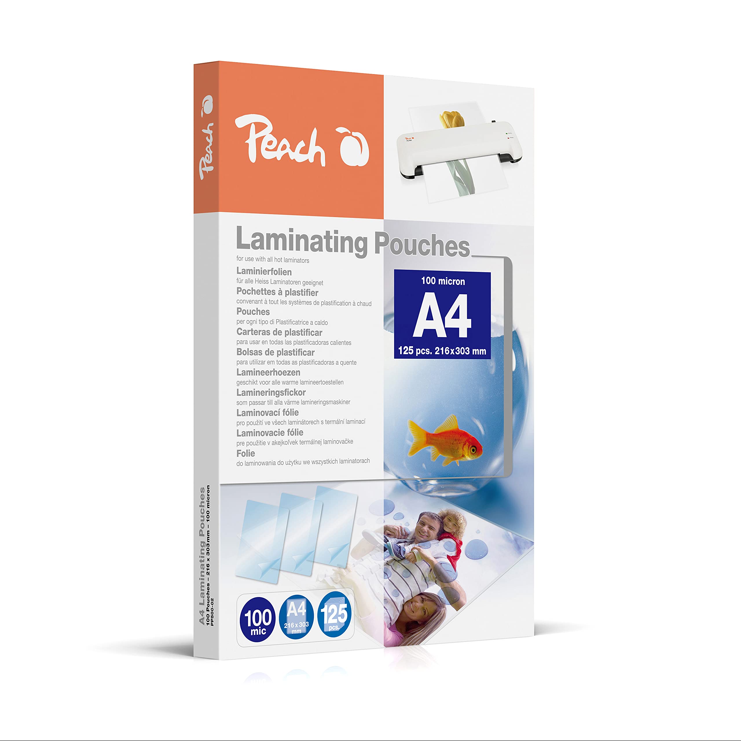 Peach Laminating Pouches A4 100 mic 125 Pouches Glossy Premium Quality for Best Laminating Results Compatible with Devices of All Brand Manufacturers PP500-02P