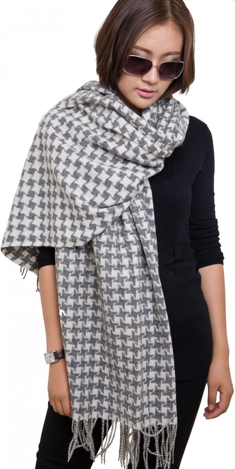 28'' x 78'' Womens Warm Wool Houndstooth Scarf Pashmina Shawl Plaid Muffler Wrap with Gift Box