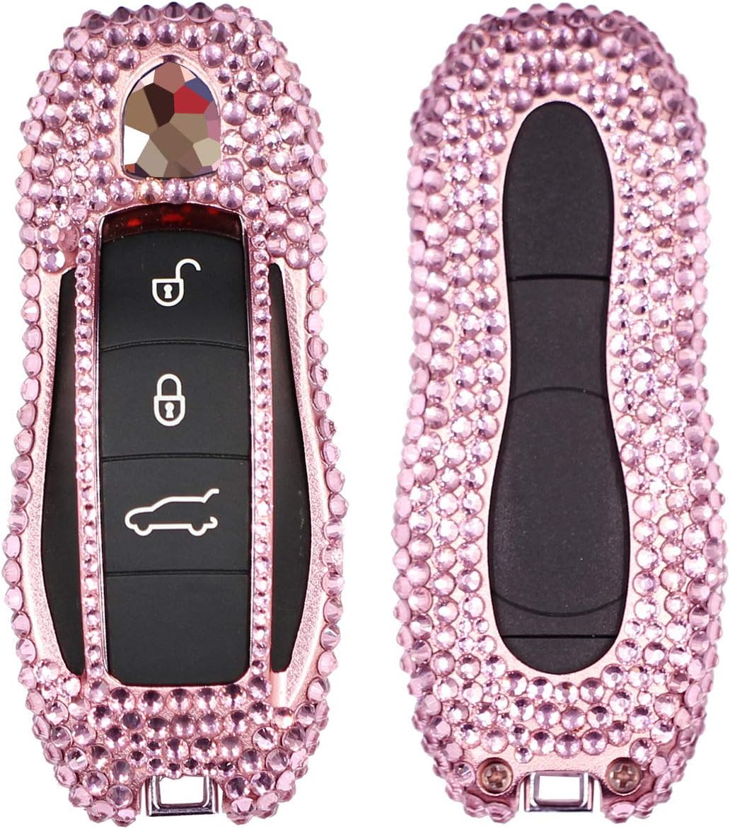 MissBlue Handmade Crystal Key Fob Case For Porsche Remote Key, Aircraft Aluminum Protector Cover Fits Porsche Macan Panamera Cayenne Car Key, Diamond Key Fob Keychain for Women for Girls - Pink