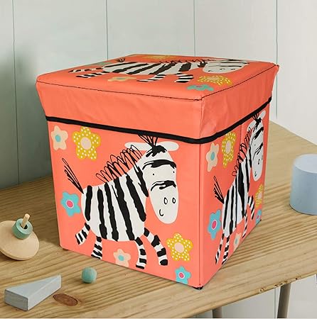 TIED RIBBONS Toy Basket Storage Box Foldable Stool for Kids Under Lid Padded Seat (30 cm X 28.5 cm X 28.5 cm, Multicolor)