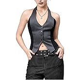 SweatyRocks Women's Striped Halter Crop Vests Backless Button Up Dressy Going Out Suit Vest Top