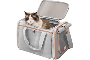 Petseek Large Cat Carrier, 14 lbs Load Bearing 18" Airline Approved Pet Carrier, Soft Sided Foldable Cat Carrier Pet Travel Carrier for Cats Dogs Puppy Comfort Portable Vehicle Pet Bag, Light Grey